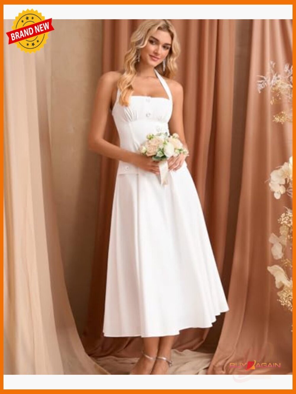 Floral Halter Corset Midi Dress A-Line Bow Tea Party Wedding Guest - Picture 2 of 7